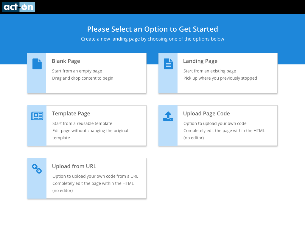 Act-On Software SAAS Application Landing Page Builder Intro Screen